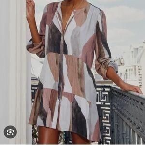 Aritzia Multicolor Abstract Tiered Mini Dress - White, Brown, Pink, Gray
